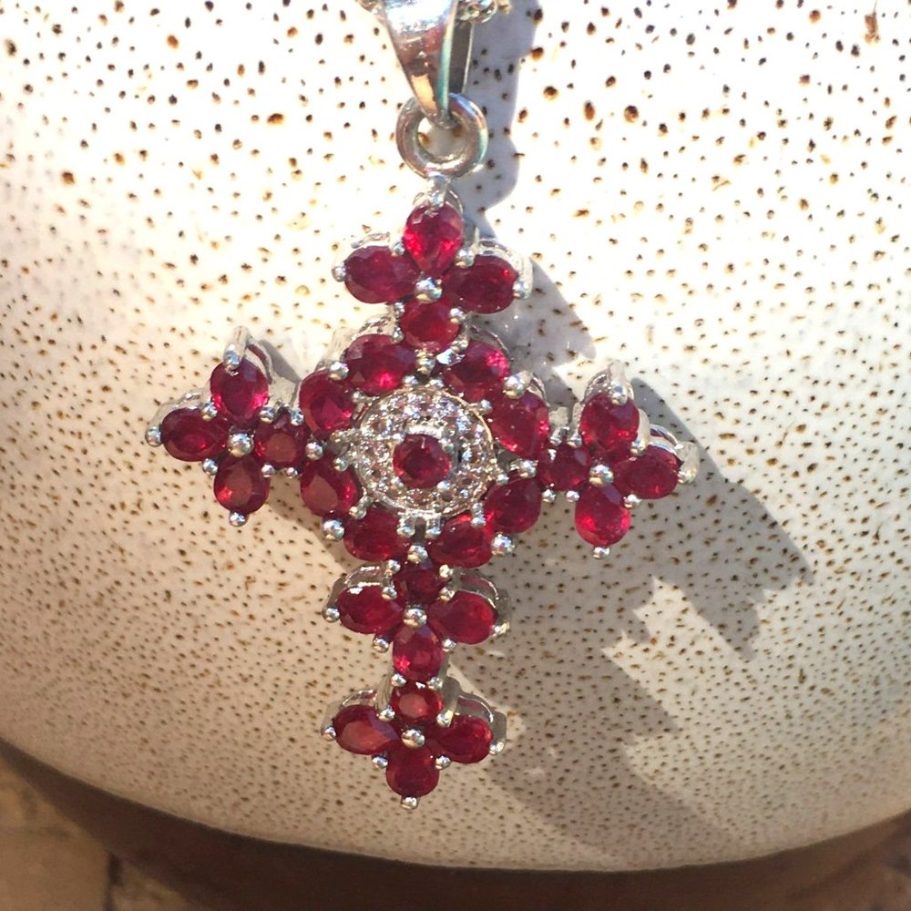 Genuine Ruby & Topaz .925 Silver Cross Pendant Natural Gemstones Earth Mined
